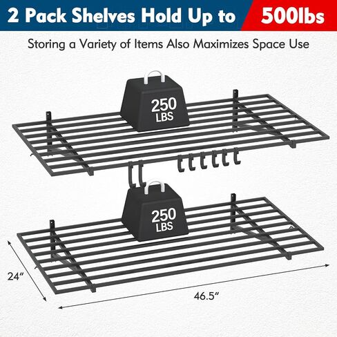 Heavy Duty 2 Pack Garage Shelving with Hooks, Garage Storage Rack Wall Mounted Shelves for Tool Room, Storage Room, Store Supermarket, 500lbs Weight Capacity (1 * 4ft) in Saudi Arabia