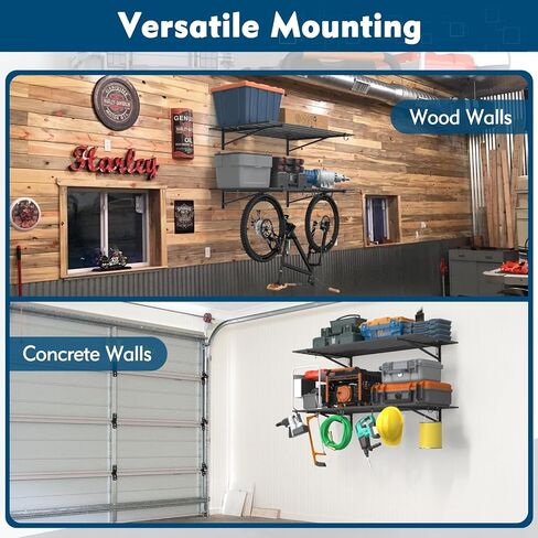 Heavy Duty 2 Pack Garage Shelving with Hooks, Garage Storage Rack Wall Mounted Shelves for Tool Room, Storage Room, Store Supermarket, 500lbs Weight Capacity (1 * 4ft) in Saudi Arabia