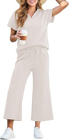 Dokotoo Women's 2 Piece Outfits Sweatsuit Casual Lapel Collar Short Sleeve Tops Drawstring Wide Leg Pant Lounge Sets in Kuwait