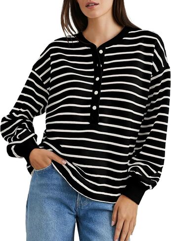 Women's Striped Oversized Sweatshirt Half Button Pullover Tops Long Sleeve Shirts Loose Drop Shoulder Preppy Clothes(Red-XL) in Saudi Arabia