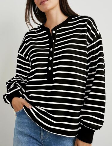 Women's Striped Oversized Sweatshirt Half Button Pullover Tops Long Sleeve Shirts Loose Drop Shoulder Preppy Clothes(Red-XL) in Saudi Arabia