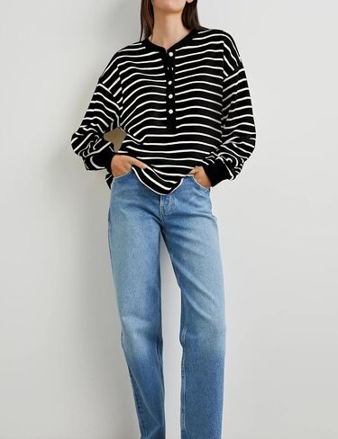 Women's Striped Oversized Sweatshirt Half Button Pullover Tops Long Sleeve Shirts Loose Drop Shoulder Preppy Clothes(Red-XL) in Saudi Arabia