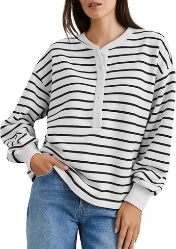 Women's Striped Oversized Sweatshirt Half Button Pullover Tops Long Sleeve Shirts Loose Drop Shoulder Preppy Clothes(Red-XL) in Saudi Arabia