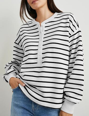 Women's Striped Oversized Sweatshirt Half Button Pullover Tops Long Sleeve Shirts Loose Drop Shoulder Preppy Clothes(Red-XL) in Saudi Arabia