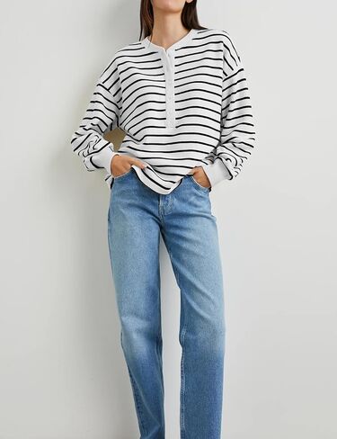 Women's Striped Oversized Sweatshirt Half Button Pullover Tops Long Sleeve Shirts Loose Drop Shoulder Preppy Clothes(Red-XL) in Saudi Arabia