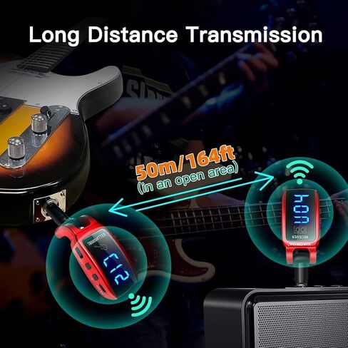 Wireless Guitar System,UHF Wireless Guitar Transmitter Receiver,15 Channels Rechargeable with LED Screen,for Guitar Bass Electric Musical Instruments,164ft Range in Saudi Arabia