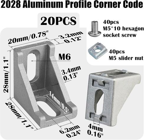 20 Sets 2020 Series Aluminum Extrusion Profile Connector Set, Includes 20pcs 2028 Corner Brackets, 40pcs T-Slot Sliding Nuts and 40pcs M5 Hex Screw Bolts (Black) in Saudi Arabia