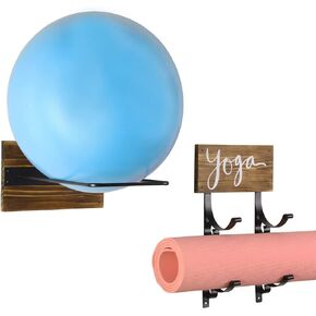 MyGift Yoga Mat and Stability Ball Holder - Rustic Burnt Wood and Black Metal Wall Mounted Exercise Yoga Equipment Organizer, 2 Pc Set