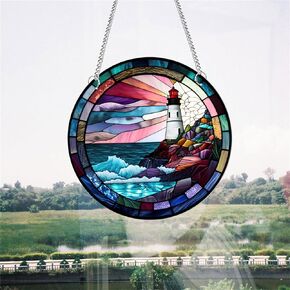 11.8 Inches Colourful Lighthouse Acrylic Window Hanging Decor Ocean Wall Art Mural for Bedroom Office Garden Stained Panel Hanging Decorative Indoor Window Decor
