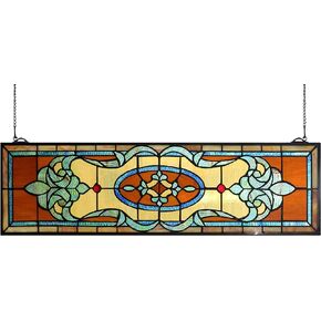 32 Inch Width Horizontal Stained Glass Window Hangings Tiffany Glass Window Panel 9 Inch Height