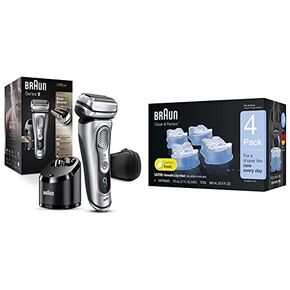 Braun Electric Razor for Men with Precision Beard Trimmer, Rechargeable, Wet & Dry Foil Shaver, Clean & Charge Station & Travel Case, Silver, 3 Piece Set with Clean & Renew Refill Cartridges, 6 Count