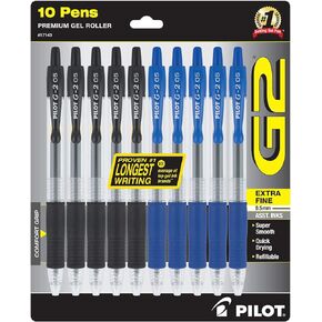 PILOT G2 Pens 0.5 mm - 10 Pack of 5 Blue and 5 Black Pens Ballpoint Extra Fine Point, Refillable & Retractable