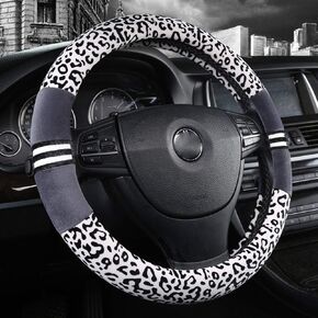 Plush Cheetah Car Steering Wheel Cover Luxurious Leopard Print Universal Fit for Car SUV Warm Soft Anti-Slip (Black Yellow)