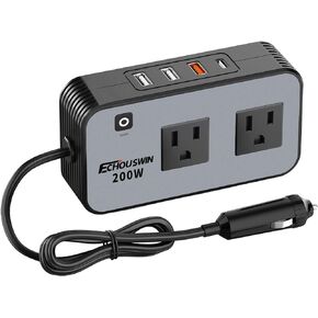 200W Car Power Inverter, 12V DC to 110V AC Car Converter, Fast Car Charger Adapter with 20W PD3.0/18W QC3.0/4.8A Dual USB-A/Dual 110V AC Outlet