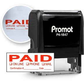 Promot Paid Stamp Self Inking Stamp - Paid Stamp for Office, Accounts Payable Stamp w/Confirmation Number and Date - Rubber Stamps, Red Ink Stamp, Self Inking Stamp for Business Supplies