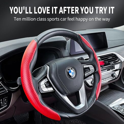 2pcs Black and Red Carbon Fiber Steering Wheel Covers Replacement for Most Cars with A Steering Wheel Diameter of About 38cm/14.96inch in Saudi Arabia