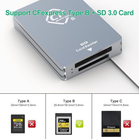قارئ بطاقات CFexpress من النوع B، USB 3.2 Gen 2 10Gpbs، متوافق مع بطاقة CFexpress من النوع B/بطاقة ذاكرة SD، محول بطاقة CFexpress من الألومنيوم المحمول ثنائي الفتحات مع كابل USB C إلى USB C/USB A in Kuwait