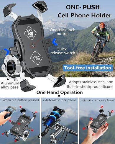 حامل هاتف للدراجة النارية من Kewig، حامل هاتف للدراجة، قفل تلقائي وإصدار سريع مع قاعدة تثبيت من سبائك الألومنيوم، حامل هاتف مضاد للاهتزاز مناسب لمقاس 4 بوصة - 6.9 بوصة in Kuwait