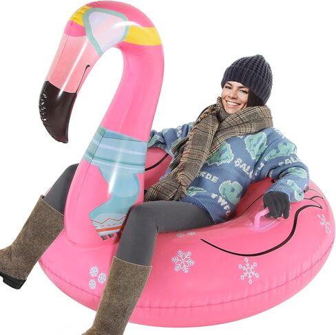 Parentswell Flamingo Snow Tube Sled، 47 "زلاجات الثلج العملاقة القابلة للنفخ مع مقابض، طبقة مزدوجة شديدة التحمل أنابيب الثلج ألعاب الشتاء للأطفال البالغين in Kuwait