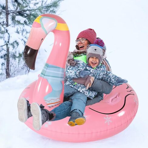 Parentswell Flamingo Snow Tube Sled، 47 "زلاجات الثلج العملاقة القابلة للنفخ مع مقابض، طبقة مزدوجة شديدة التحمل أنابيب الثلج ألعاب الشتاء للأطفال البالغين in Kuwait