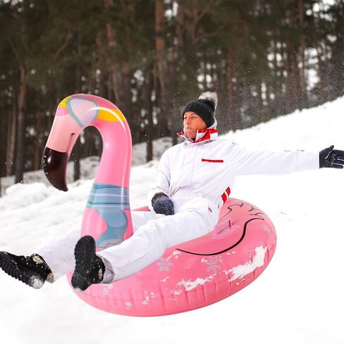 Parentswell Flamingo Snow Tube Sled، 47 "زلاجات الثلج العملاقة القابلة للنفخ مع مقابض، طبقة مزدوجة شديدة التحمل أنابيب الثلج ألعاب الشتاء للأطفال البالغين in Kuwait