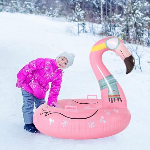 Parentswell Flamingo Snow Tube Sled، 47 "زلاجات الثلج العملاقة القابلة للنفخ مع مقابض، طبقة مزدوجة شديدة التحمل أنابيب الثلج ألعاب الشتاء للأطفال البالغين in Kuwait