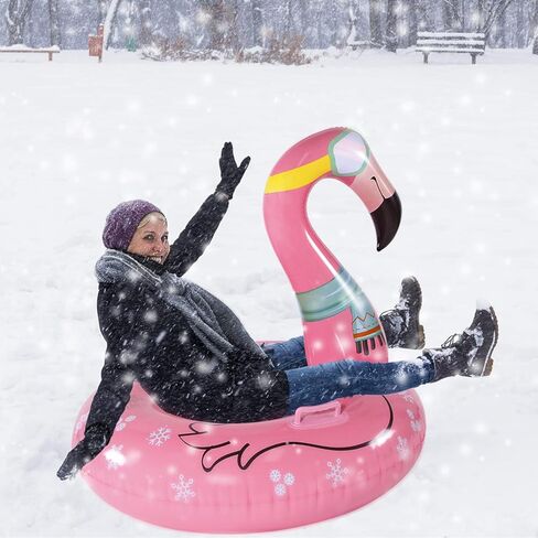 Parentswell Flamingo Snow Tube Sled، 47 "زلاجات الثلج العملاقة القابلة للنفخ مع مقابض، طبقة مزدوجة شديدة التحمل أنابيب الثلج ألعاب الشتاء للأطفال البالغين in Kuwait