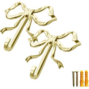 2 Pcs Bow Hooks, Gold Bow Knot Hook, Bow Wall Hooks, Bow Decor Bedroom, Bow Door Hanger, Bow Towel Hook for Bathroom Kitchen, Wall Hanging Hooks Perfect for Hanging Hats Towels Coats