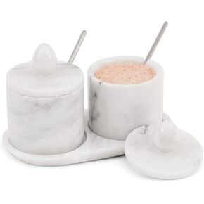 Marble Salt Cellar With lid & Spoon White 4" Inches Handmade Set Of 2 Salt Holder With Tray, Salt & Pepper Containers, Salt Cellar - Salt Holder With Lid, Salt Box