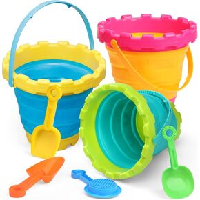 Collapsible Bucke Beach Bucket with Rake Spade Sifter Sandbox Toys, Easter Bucket Basket Egg Hunting Decoration, Foldable Sand Pail Shovel Castle Mold Garden Tool Kits for Digging Camping Fishing
