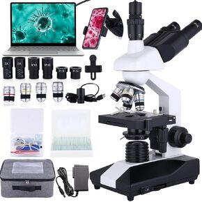Herwicm Compound Trinocular Microscope 40X-2500X Magnification, Research Grade Professional Microscope, Two Tier Mechanical Stage LED Illuminated Abbe Microscope, Adult Microscope with USB Camera and in Kuwait
