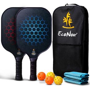 EcoNour Wood Pickle Ball Paddle Set | Premium 9-Ply Basewood Paddles with 4 Balls | 4 Cooling Towels & Carry Bag | Ultimate Pickleball Experience for Outdoor Fun and Family Bonding | Black