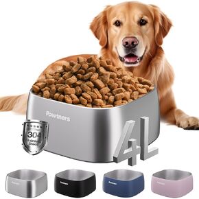 Large Stainless Steel Dog Bowls, 4L Dog Water & Food Bowl for Large Breed Dogs with Non-Slip Base, Metal Dog Bowls Easy to Clean, Dishwasher Safe, 135oz, Silver