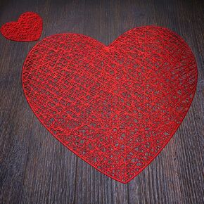 Red Love Heart Placemats and Matching Coaster Set of 6 Mothers Day Decor Valentines Day Table Decorations for Wedding Romantic Night Anniversary Party Metallic Pressed Vinyl 15 inch by Snowkingdom