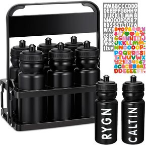 Suclain Water Bottle Carrier with 20 Oz 12 Bottles and 4 Stickers Plastic Wide Mouth Sports Water Bottle Squeeze Team Water Bottles with Black Lid for Fitness Bike Gym(White)