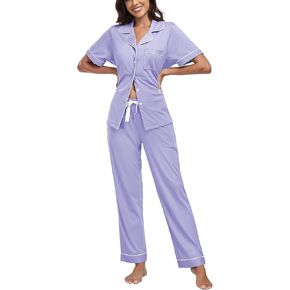 ANLIQI 100% Cotton Pajamas for Women Soft Button Up Short Sleeve Shirt & Long Pants Summer Pjs Set Comfy Loungewear S-2XL