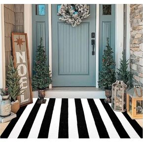 Striped Black White Rug Cotton Outdoor Indoor Layering Doormat Rug 2'x4.3' Front Door Mat Washable Cotton Woven Carpet for Bed Porch Farmhouse Laundry Bath Decor