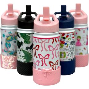 Biddlebee Kids Water Bottle with Straw Lid | 14oz Insulated Stainless Steel Reusable Bottles for School | Leak Proof Cap with Handle & Touch Free Spout | Great for Boys & Girls (Colorful Dinosaurs)