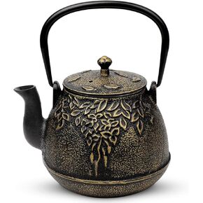 TOPTIER Japanese Teapot with Stainless Steel Infuser, Cast Iron Tea Kettle Stovetop Safe, Leaf Design Coated with Enameled Interior for 32 Ounce (950 ml), Light Green