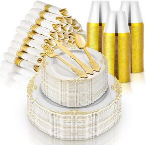 Stock Your Home White and Gold Plates Set with Pre-Rolled Cutlery with Napkins & Gold Cups, Dinnerware for 50 Guests (350pcs), Disposable Party Sets for Wedding, Bridal Shower, Graduation Parties