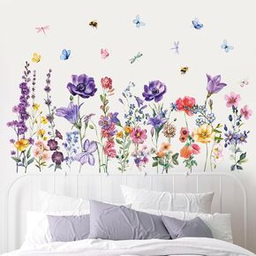 Flower Wall Decals Wildflower Grass Wall Stickers Vintage Floral Butterflies Dragonfly Wall Art Sticker Peel and Stick Bedroom Nursery Wall Decor in Kuwait