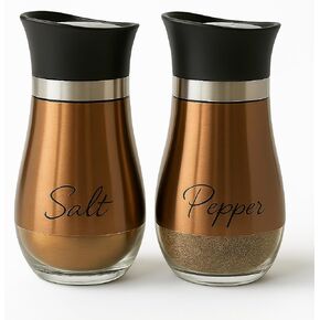 Salt & Pepper Shaker Set Stainless Steel Covering Glass with "Salt" and "Pepper" Printed on Front, BPA-Free, 4.42 Oz Capacity Spice Dispensers Kitchen Dining Table by Dependable Industries (Bronze)