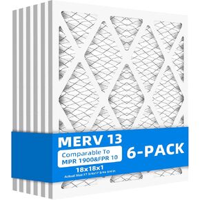 (6 Pack) 18x18x1 Furnace Air Filters, MPR 1900 & FPR 10, MERV 13 Pleated Air Filter (Actual Size: 17.50" x 17.50" x 0.75")