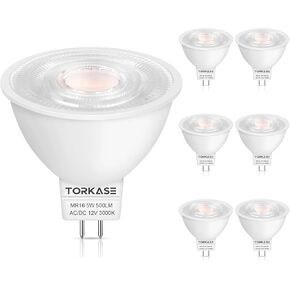 Torkase MR16 LED Bulb, 50W Halogen Equivalent, 5W GU5.3 12V Non-Dimmable, 3000K Warm White, 6 Pack, UL Listed, Energy Saving, Eye-Friendly, Ideal for Track and Landscape Lighting