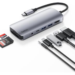 محول متعدد المنافذ 4 في 1 بمنفذ USB C من بيلكن ومنفذ HDMI دقة 4K ومنفذ USB C بتقنية بي دي لتمرير الطاقة بقدرة 100 واط ومنفذي USB A لماك بوك برو وماك بوك اير وايباد برو واكس بي اس والمزيد، لون رمادي in Kuwait