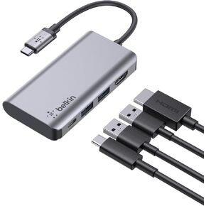 محول متعدد المنافذ 4 في 1 بمنفذ USB C من بيلكن ومنفذ HDMI دقة 4K ومنفذ USB C بتقنية بي دي لتمرير الطاقة بقدرة 100 واط ومنفذي USB A لماك بوك برو وماك بوك اير وايباد برو واكس بي اس والمزيد، لون رمادي
