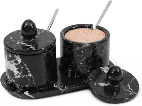 Marble Salt Cellar With lid & Spoon White 4" Inches Handmade Set Of 2 Salt Holder With Tray, Salt & Pepper Containers, Salt Cellar - Salt Holder With Lid, Salt Box in Saudi Arabia