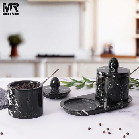 Marble Salt Cellar With lid & Spoon White 4" Inches Handmade Set Of 2 Salt Holder With Tray, Salt & Pepper Containers, Salt Cellar - Salt Holder With Lid, Salt Box in Saudi Arabia
