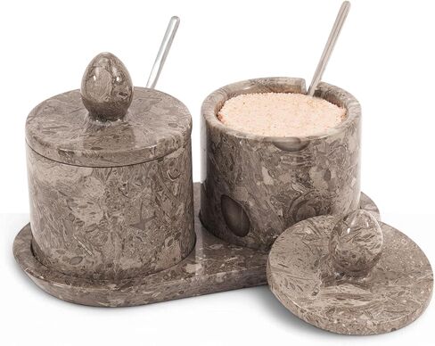 Marble Salt Cellar With lid & Spoon White 4" Inches Handmade Set Of 2 Salt Holder With Tray, Salt & Pepper Containers, Salt Cellar - Salt Holder With Lid, Salt Box in Saudi Arabia