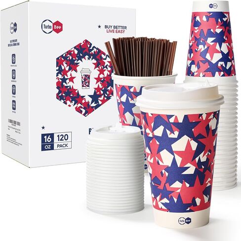 Turbo Bee 12 Oz فنجان قهوة يمكن التخلص منه مع أغطية ، 120 حزمة للذهاب إلى أكواب القهوة الساخنة مع الأغطية والقش للسفر والحفلات والمطاعم والأعمال in Saudi Arabia